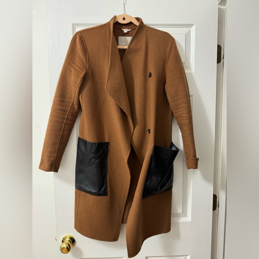 SOIA & KYO Above Knee wool/Leather coat, Brown, size S/P